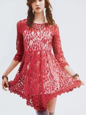 Free People Red Floral Lace Mesh Mini Dress BoHo OG Free People Classic